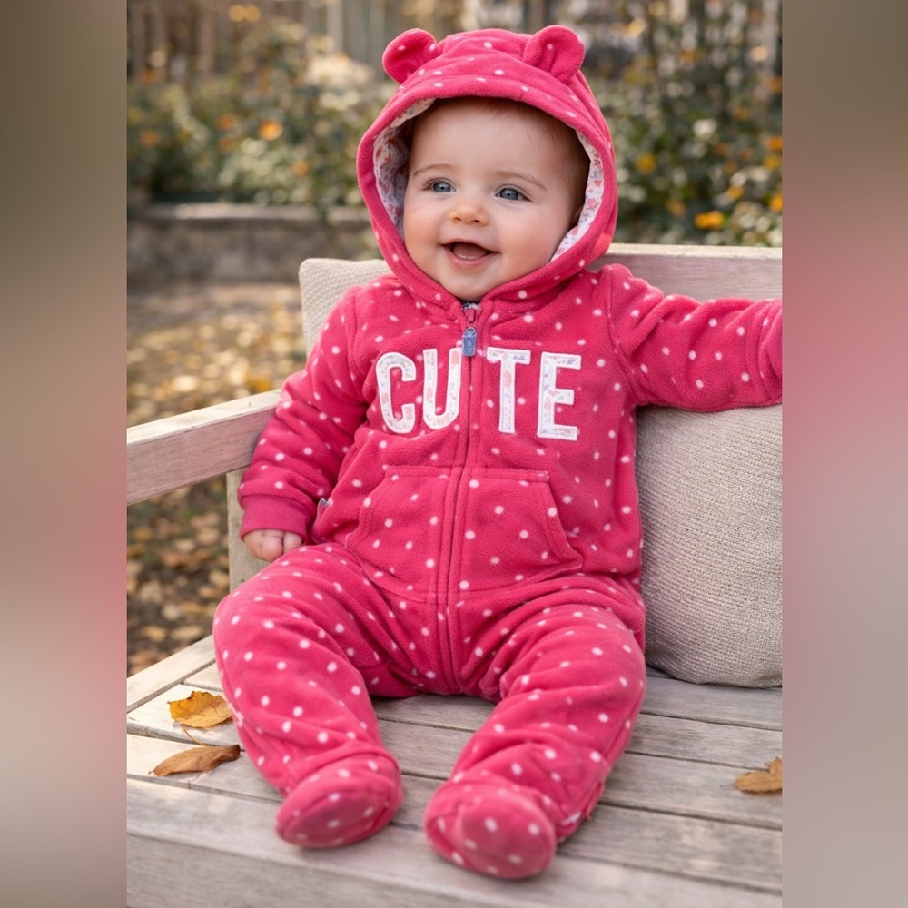 Carter’s Baby Girl Pink Fleece Hooded Onesie | Polka Dot “CUTE” Outfit | 6M
